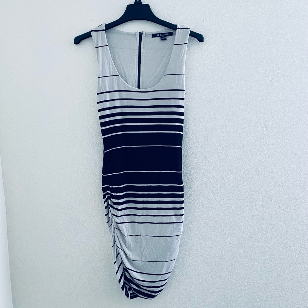 Le Chateau Black and White Ruched Bodycon Mini Dress